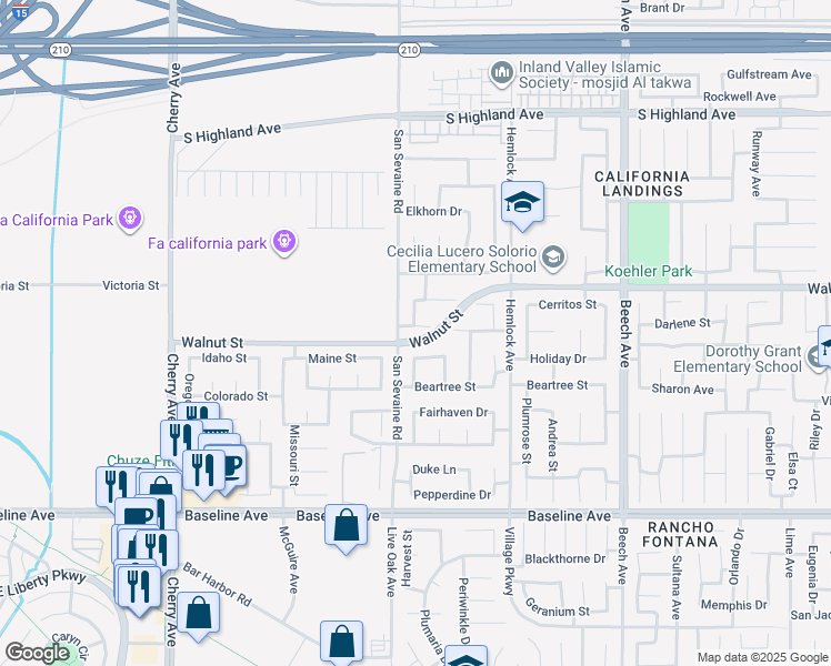 map of restaurants, bars, coffee shops, grocery stores, and more near 14958 Oak Valley Drive in Fontana