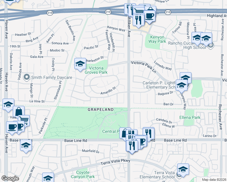 map of restaurants, bars, coffee shops, grocery stores, and more near 7035 Chicago Court in Rancho Cucamonga