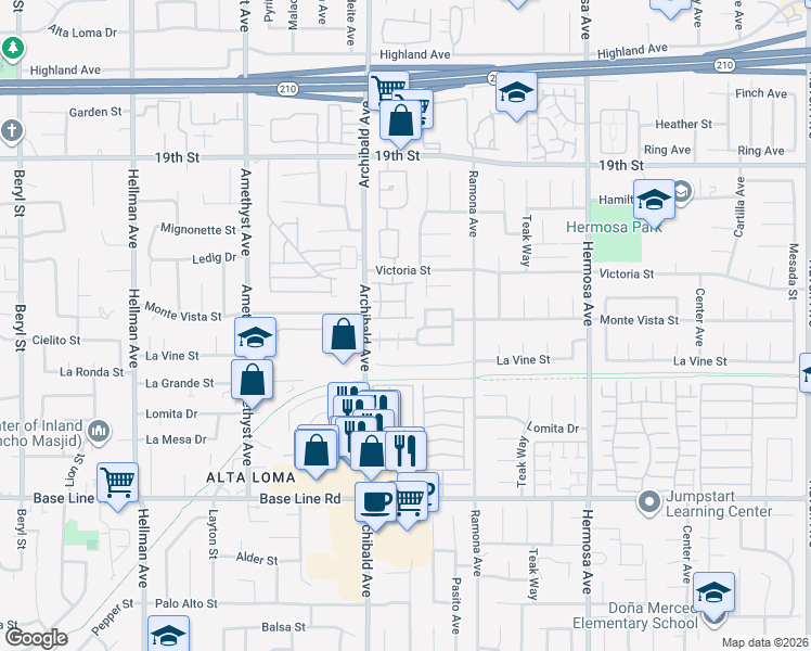 map of restaurants, bars, coffee shops, grocery stores, and more near 7038 Wakefield Court in Rancho Cucamonga