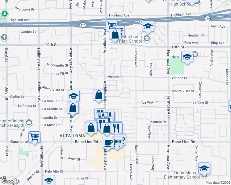 map of restaurants, bars, coffee shops, grocery stores, and more near 7038 Wakefield Court in Rancho Cucamonga