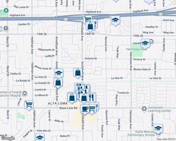 map of restaurants, bars, coffee shops, grocery stores, and more near 7038 Wakefield Court in Rancho Cucamonga
