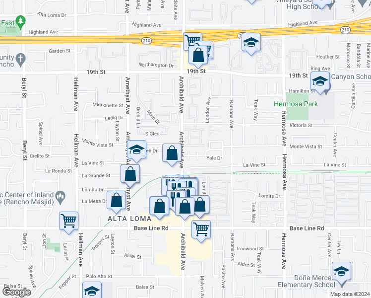 map of restaurants, bars, coffee shops, grocery stores, and more near 7040 Camden Drive in Rancho Cucamonga