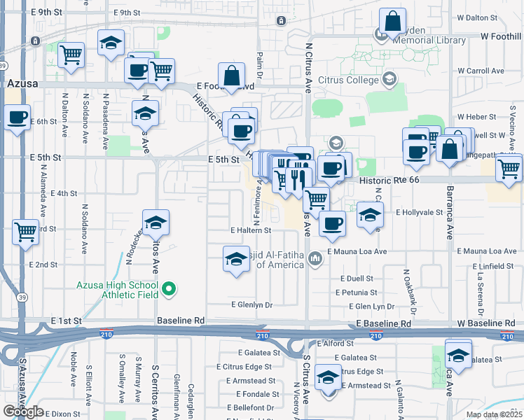 map of restaurants, bars, coffee shops, grocery stores, and more near 817 East Haltern Street in Azusa