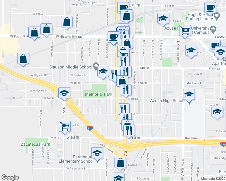 map of restaurants, bars, coffee shops, grocery stores, and more near 301 North San Gabriel Avenue in Azusa