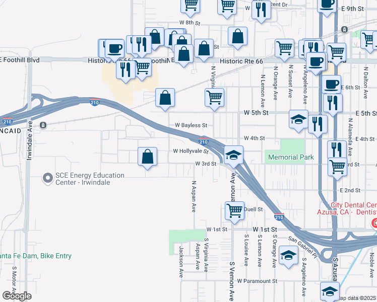 map of restaurants, bars, coffee shops, grocery stores, and more near 947 West 3rd Street in Azusa