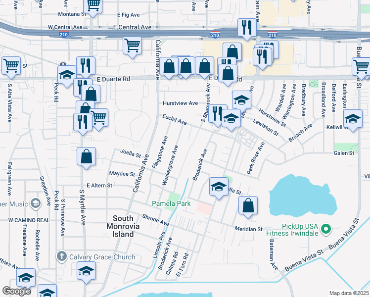 map of restaurants, bars, coffee shops, grocery stores, and more near 2103 Goodall Avenue in Duarte