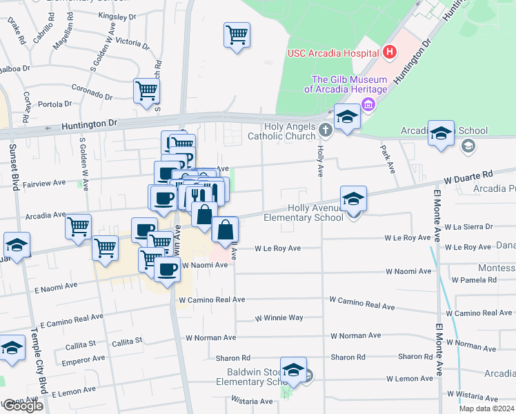 map of restaurants, bars, coffee shops, grocery stores, and more near in Arcadia