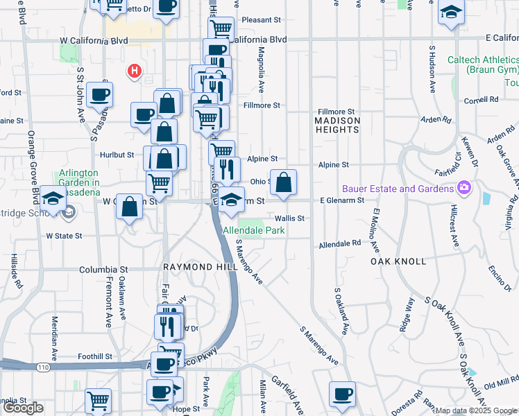 map of restaurants, bars, coffee shops, grocery stores, and more near 275 Wallis Street in Pasadena