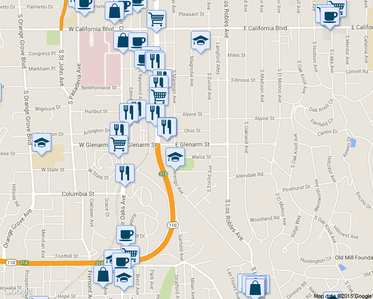 map of restaurants, bars, coffee shops, grocery stores, and more near 275 Wallis Street in Pasadena