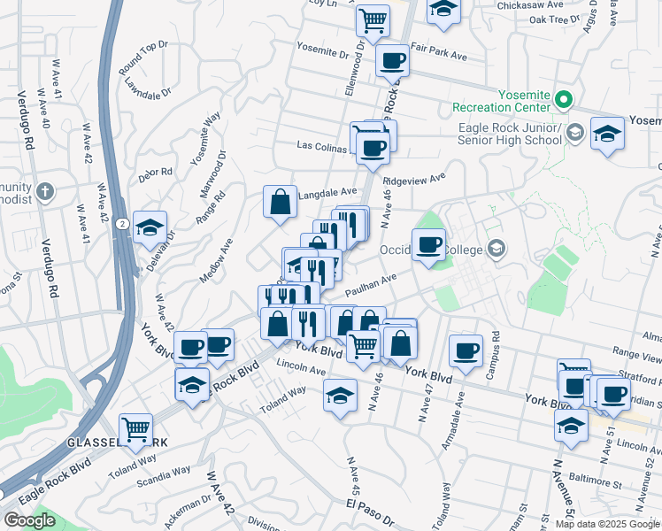 map of restaurants, bars, coffee shops, grocery stores, and more near 4526 North Eagle Rock Boulevard in Los Angeles