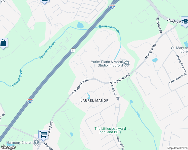 map of restaurants, bars, coffee shops, grocery stores, and more near 3342 North Bogan Road Northeast in Buford