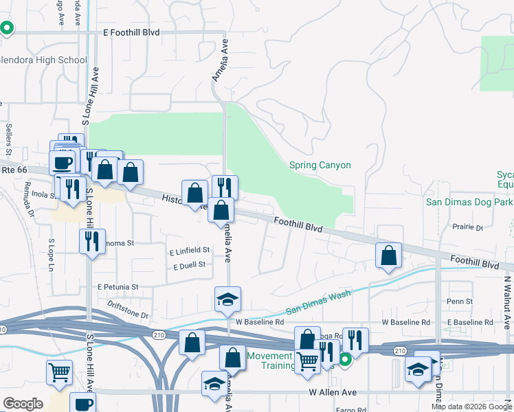 map of restaurants, bars, coffee shops, grocery stores, and more near 2401 East Greenview Drive in Glendora