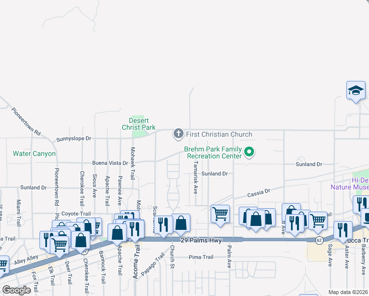 map of restaurants, bars, coffee shops, grocery stores, and more near 56254 Twentynine Palms Highway in Yucca Valley