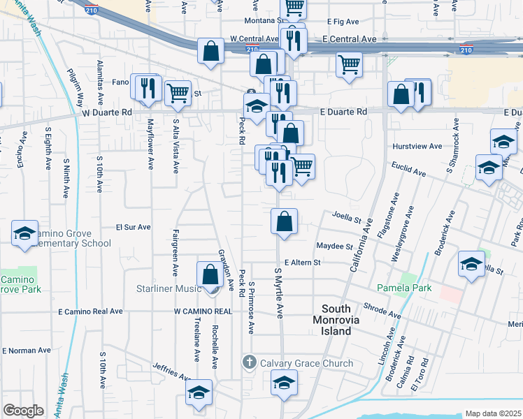 map of restaurants, bars, coffee shops, grocery stores, and more near 2049 South Myrtle Avenue in Monrovia