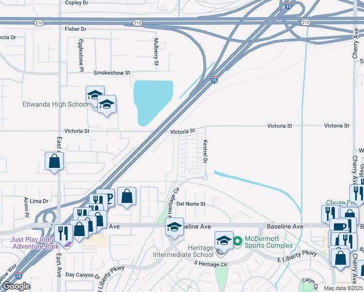 map of restaurants, bars, coffee shops, grocery stores, and more near 6974 Mallow Drive in Fontana