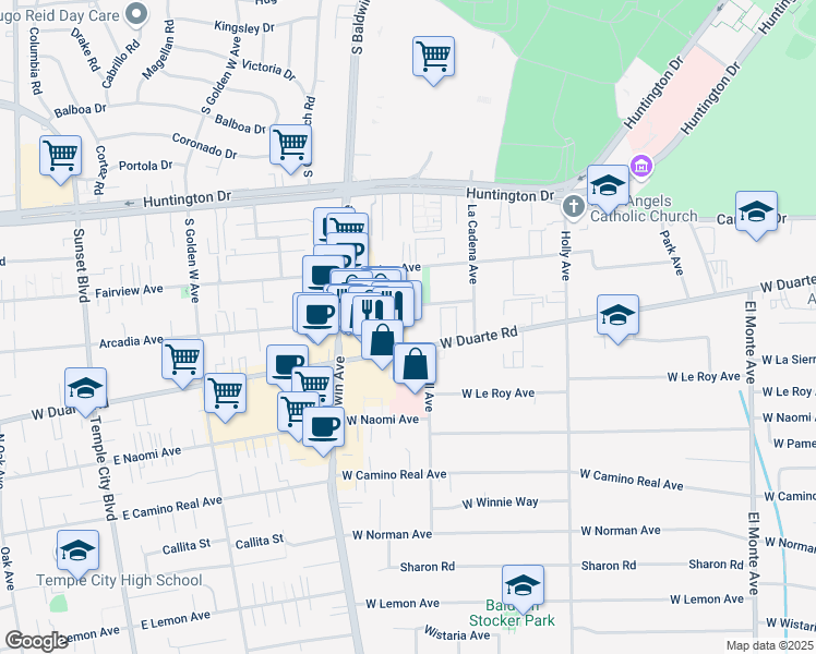 map of restaurants, bars, coffee shops, grocery stores, and more near 618 Arcadia Avenue in Arcadia