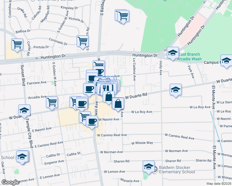 map of restaurants, bars, coffee shops, grocery stores, and more near 618 Arcadia Avenue in Arcadia