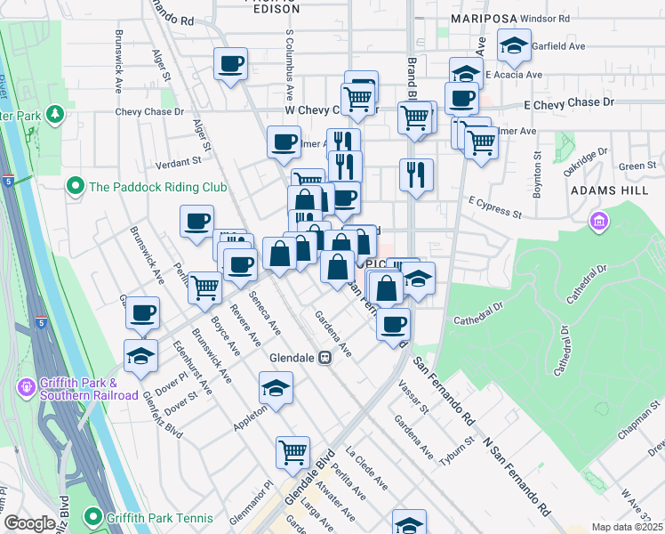 map of restaurants, bars, coffee shops, grocery stores, and more near 3909 San Fernando Road in Glendale