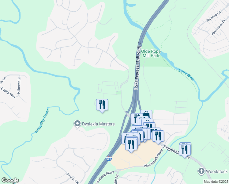 map of restaurants, bars, coffee shops, grocery stores, and more near 800 Milwood Street in Woodstock