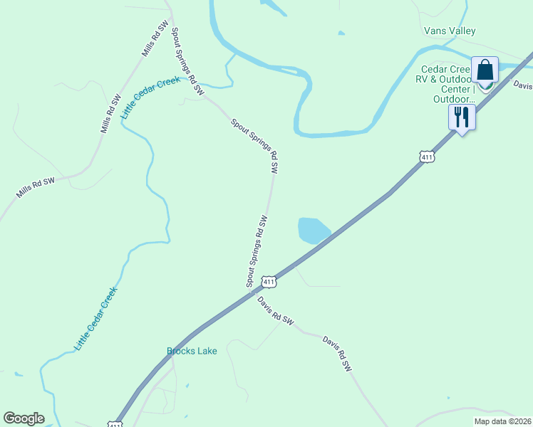 map of restaurants, bars, coffee shops, grocery stores, and more near Spout Springs Road Southwest in Cave Spring