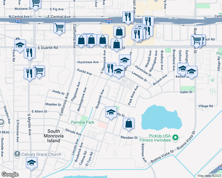 map of restaurants, bars, coffee shops, grocery stores, and more near 2032 Felberg Avenue in Duarte