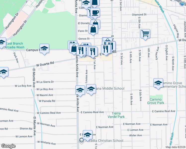 map of restaurants, bars, coffee shops, grocery stores, and more near 2 South 1st Avenue in Arcadia