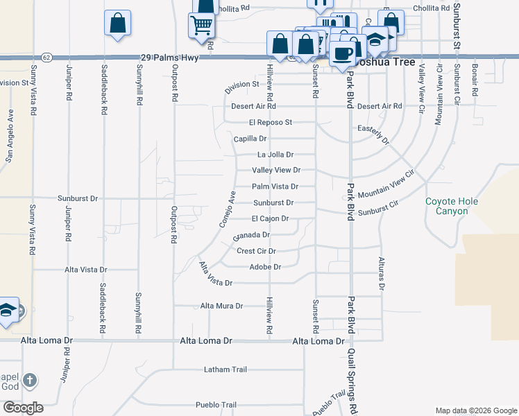 map of restaurants, bars, coffee shops, grocery stores, and more near 61539 Sunburst Drive in Joshua Tree