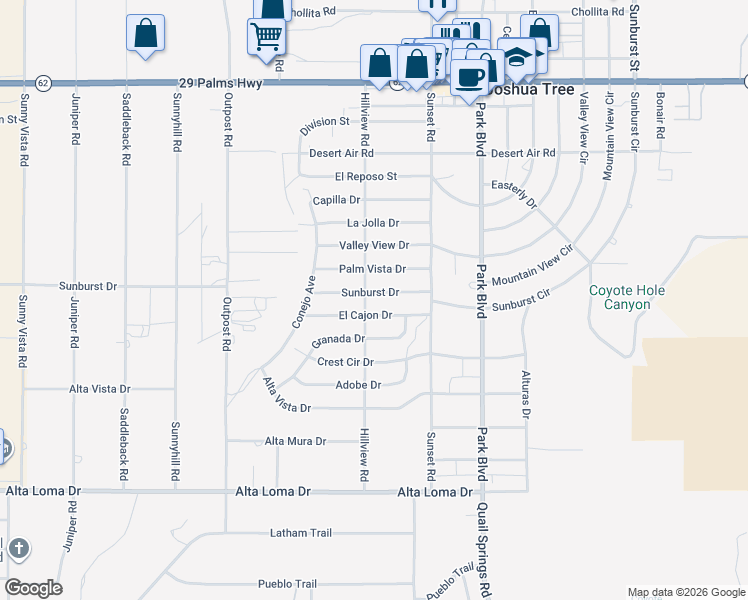 map of restaurants, bars, coffee shops, grocery stores, and more near 6988 Hillview Road in Joshua Tree