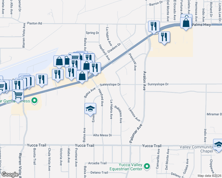 map of restaurants, bars, coffee shops, grocery stores, and more near 6929 La Habra Avenue in Yucca Valley