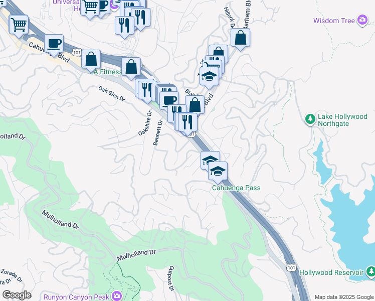 map of restaurants, bars, coffee shops, grocery stores, and more near 3224 Bennett Drive in Los Angeles