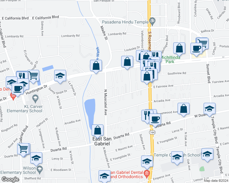 map of restaurants, bars, coffee shops, grocery stores, and more near 8739 East Fairview Avenue in San Gabriel
