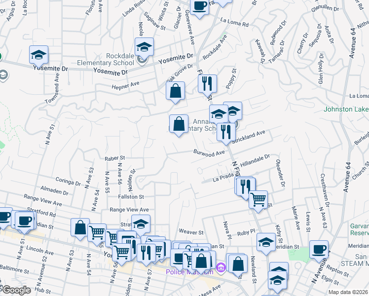 map of restaurants, bars, coffee shops, grocery stores, and more near 5849 Burwood Avenue in Los Angeles