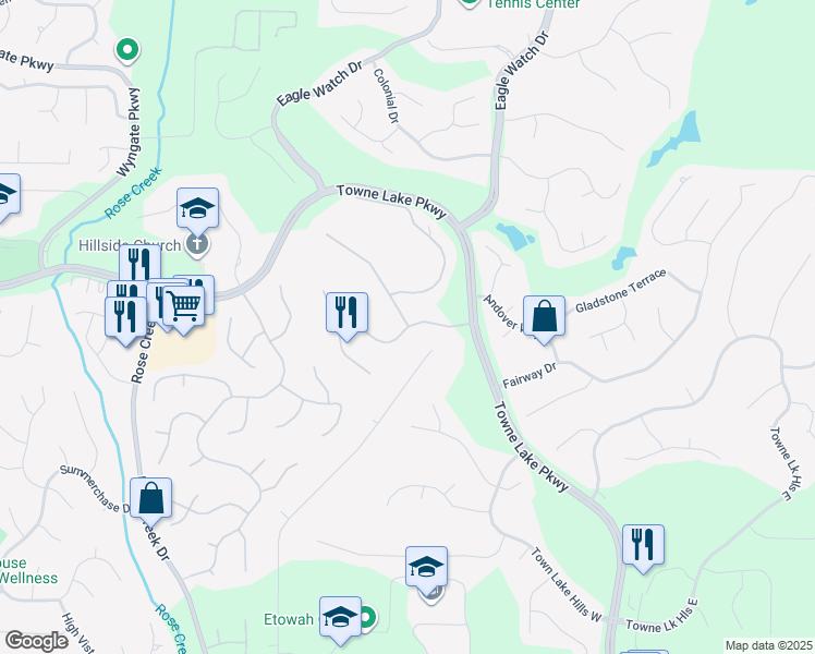 map of restaurants, bars, coffee shops, grocery stores, and more near 5014 Towne Lake Hill North in Woodstock