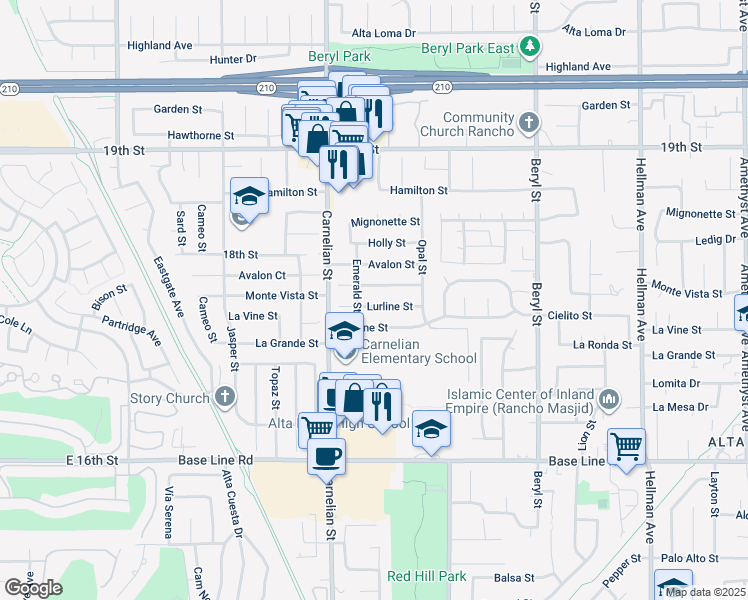 map of restaurants, bars, coffee shops, grocery stores, and more near 8784 Lurline Street in Rancho Cucamonga