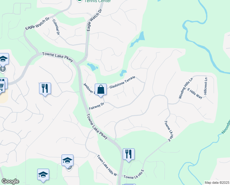 map of restaurants, bars, coffee shops, grocery stores, and more near 3110 Royal Troon in Woodstock