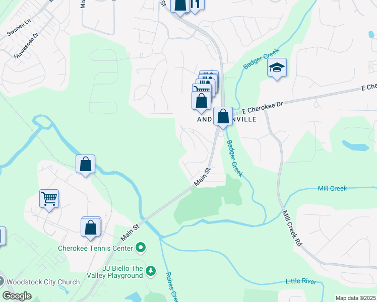 map of restaurants, bars, coffee shops, grocery stores, and more near 5450 Edmondson Lane in Woodstock