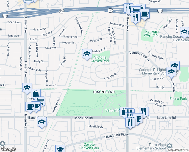 map of restaurants, bars, coffee shops, grocery stores, and more near 7004 Beal Court in Rancho Cucamonga
