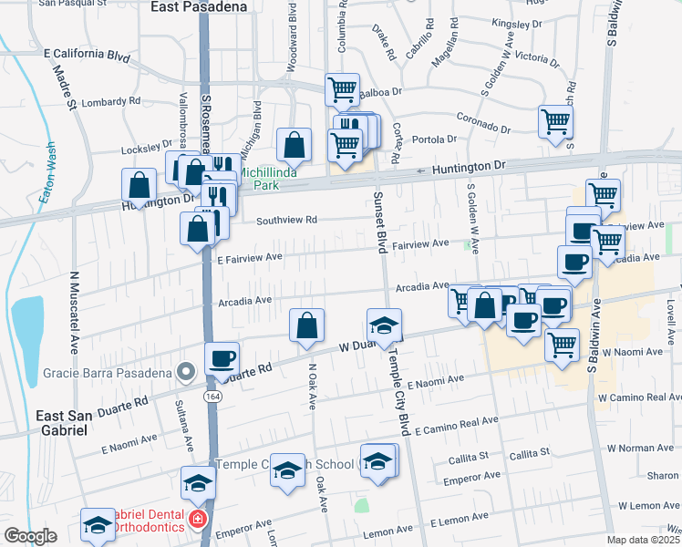 map of restaurants, bars, coffee shops, grocery stores, and more near in Arcadia