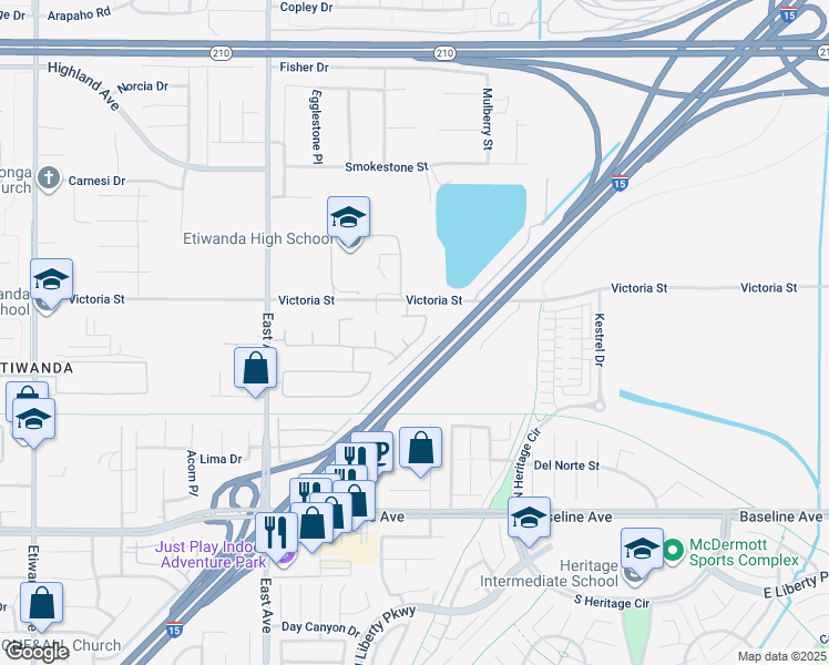 map of restaurants, bars, coffee shops, grocery stores, and more near 13564 Williamson Road in Rancho Cucamonga