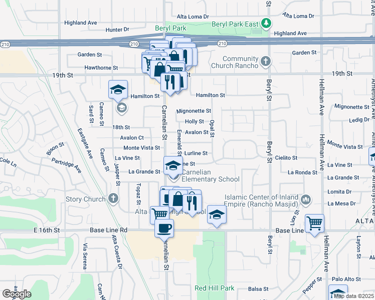 map of restaurants, bars, coffee shops, grocery stores, and more near 8784 Lurline Street in Rancho Cucamonga