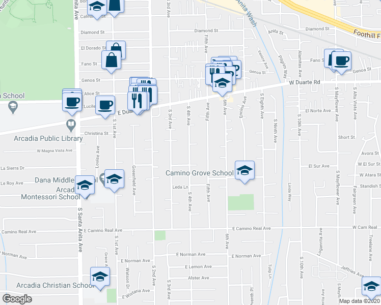 map of restaurants, bars, coffee shops, grocery stores, and more near 1124 1/2 South 4th Avenue in Arcadia