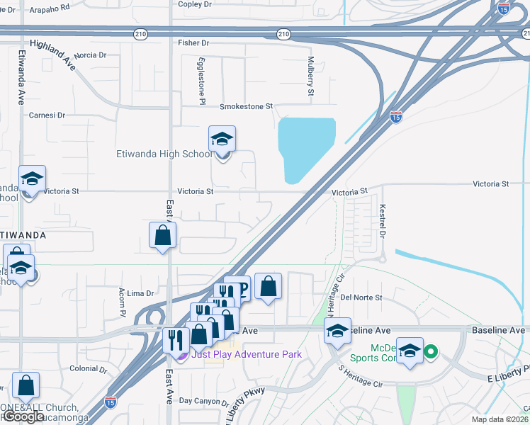 map of restaurants, bars, coffee shops, grocery stores, and more near 13578 Cable Creek Court in Rancho Cucamonga