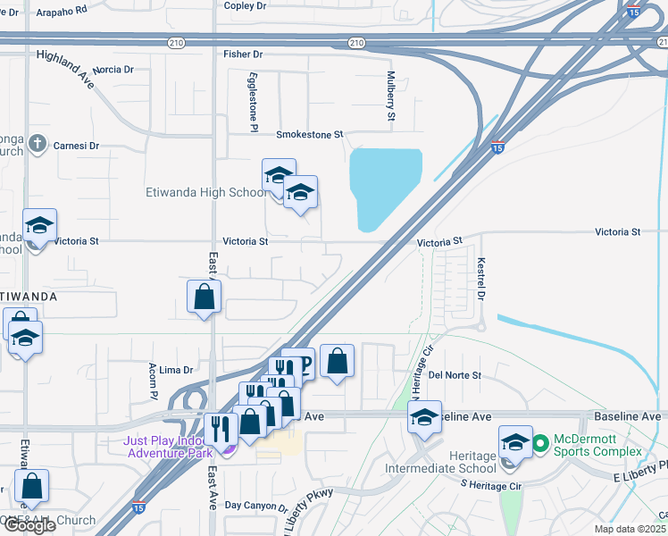 map of restaurants, bars, coffee shops, grocery stores, and more near 13564 Williamson Road in Rancho Cucamonga