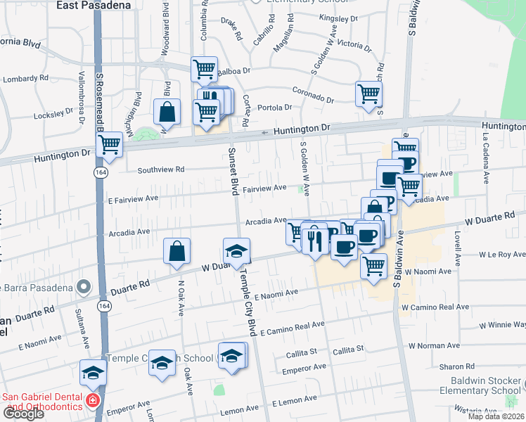 map of restaurants, bars, coffee shops, grocery stores, and more near 1015 Arcadia Avenue in Arcadia