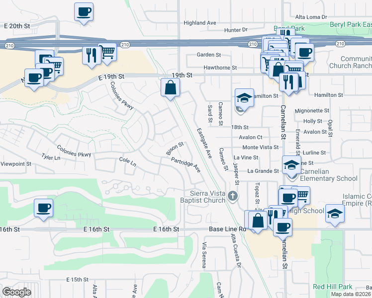 map of restaurants, bars, coffee shops, grocery stores, and more near 1769 Pinnacle Way in Upland