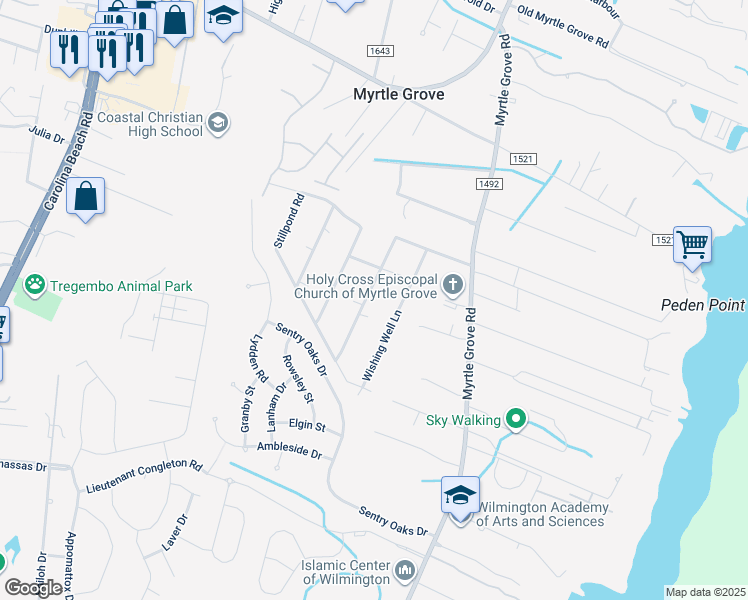 map of restaurants, bars, coffee shops, grocery stores, and more near 5829 Watermill Way in Wilmington