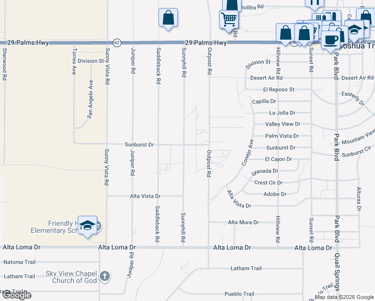 map of restaurants, bars, coffee shops, grocery stores, and more near 6885 Sunnyhill Road in Joshua Tree