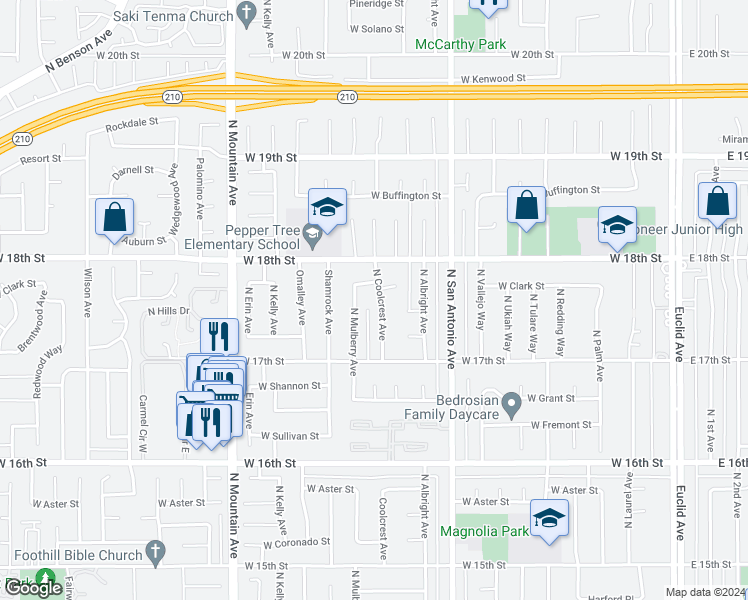 map of restaurants, bars, coffee shops, grocery stores, and more near 1761 North Coolcrest Avenue in Upland