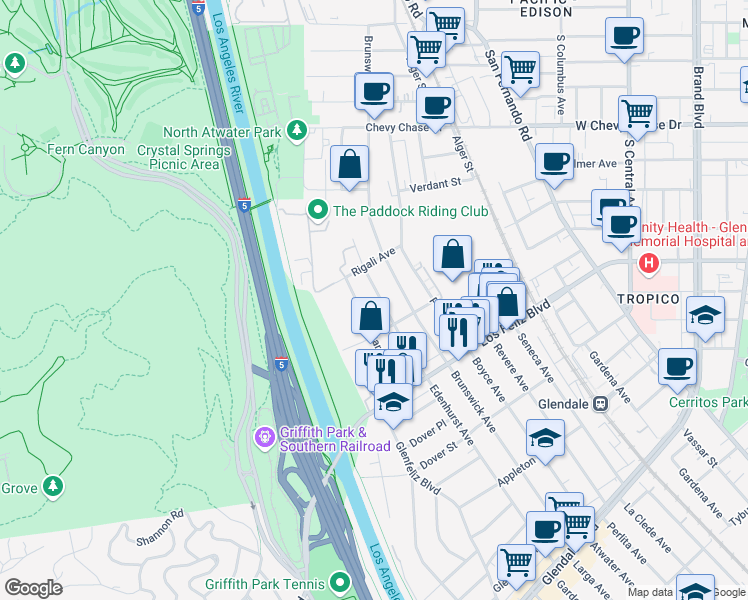 map of restaurants, bars, coffee shops, grocery stores, and more near 4146 Edenhurst Avenue in Los Angeles