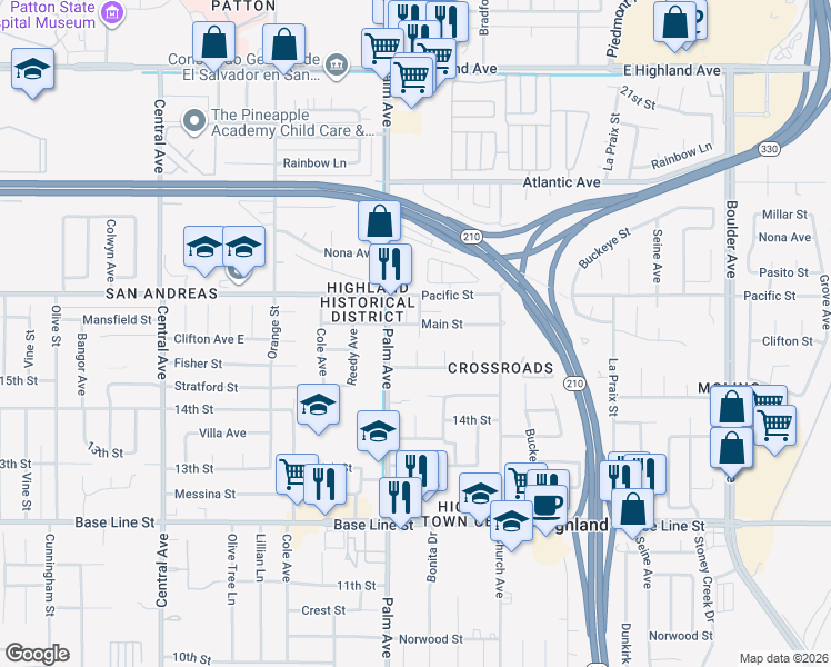 map of restaurants, bars, coffee shops, grocery stores, and more near 6931 Center Street in Highland
